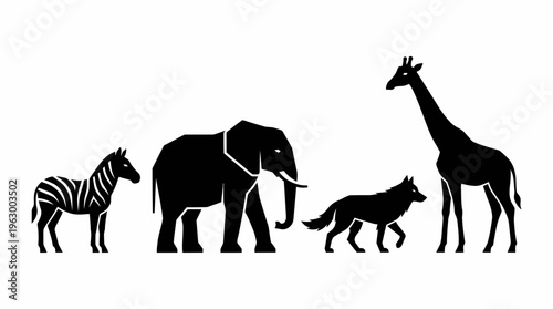 Silhouettes of various wild animals including a zebra, elephant, wolf, and giraffe standing in a row on a white background.