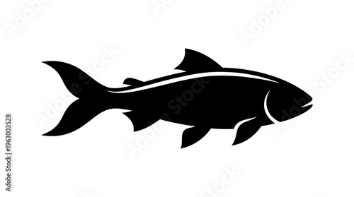 Black silhouette of a fish swimming, depicted in a simple and stylized graphic illustration.