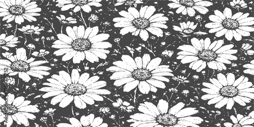 Abstract a dense field of elegant daisy flowers, their radiant petals in full bloom, create a visually captivating pattern. Captured in exquisite detail, each flower is a testament to natural beauty.