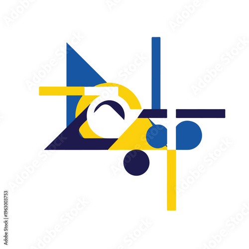 Abstract composition with geometric shapes in yellow, blue, and white