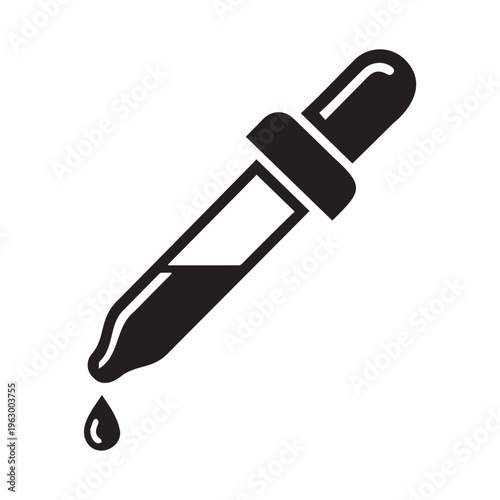 A black and white picture of a dropper with a single drop of liquid falling from its tip slowly Vector