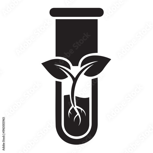 A black and white image of a plant growing in a test tube with leaves and roots visible inside Vector
