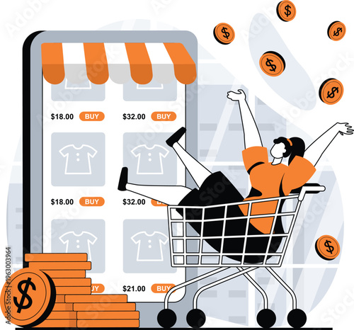 Online shopping spree with a person relaxing as items fill their virtual cart and money symbols fly around