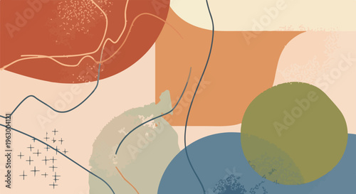 Abstract composition with layered shapes, lines, and textures in warm tones