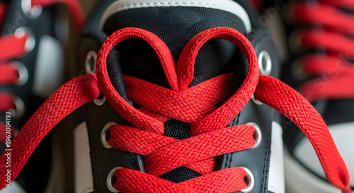 Macro of untied red laces forming the shape of a heart on the sneaker tongue, love and lifestyle, International Red Sneakers Day.