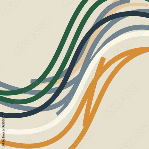 Abstract artwork featuring colored curved lines on a neutral background