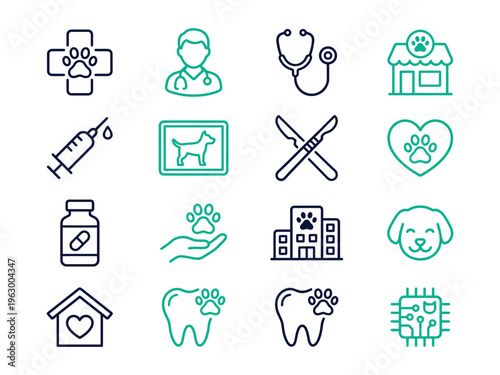 Veterinary clinic and pet care icons set - duo tone with clinic building with pet portrait with paw print with medicine bottle with holding paw with pet owner with surgery tools