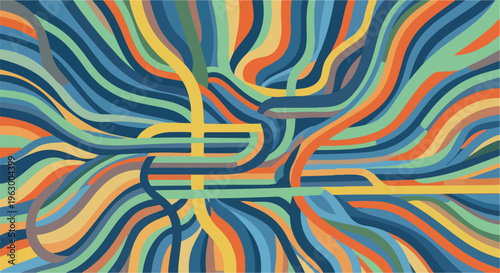 Abstract artwork featuring curving and overlapping colorful lines