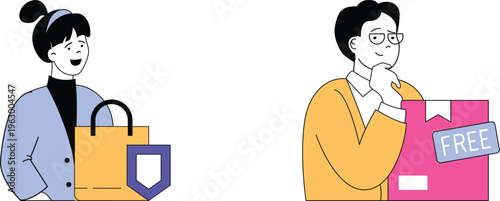 Two people contrasting reactions to shopping deals with one happy holding a bag and shield logo, other thoughtful with free box