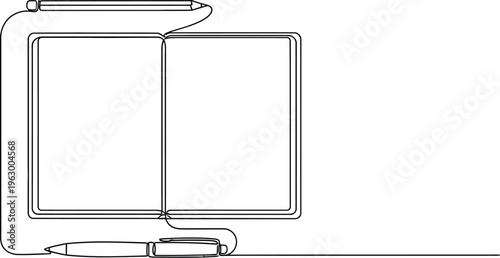 Minimalist continuous line drawing depicts an open notebook resting beneath a lying pen and a suspended pencil ready for writing.