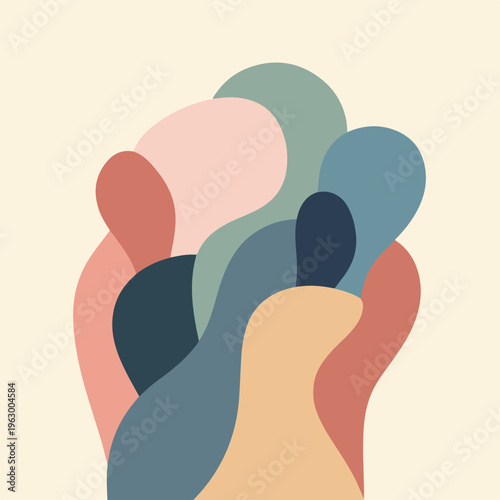 Abstract artwork featuring layered, flowing shapes in muted, earthy tones