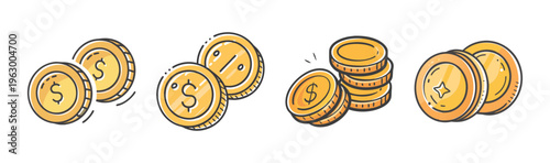 Hand-drawn gold dollar coins set, cartoon money stacks and piles vector, yellow metallic currency icons for financial banking and savings