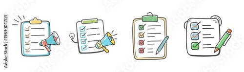 Hand drawn checklist icon set, 4 business clipboard and megaphone vector elements, doodle task management and announcement icons for marketing