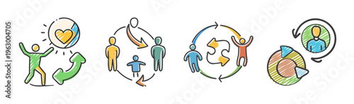 Hand drawn business icons set, colorful doodle people and arrow symbols for teamwork and communication, sketchy vector illustrations for corporate strategy