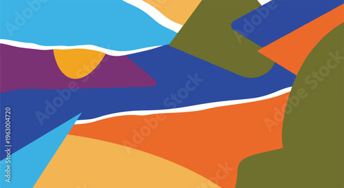 Abstract artwork featuring multi-colored geometric shapes and curved lines