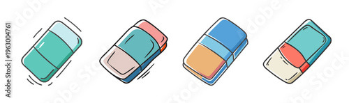 Colorful rubber eraser set, cartoon school stationery icons, hand drawn office supply vector collection, blue and pink pencil erasers for education