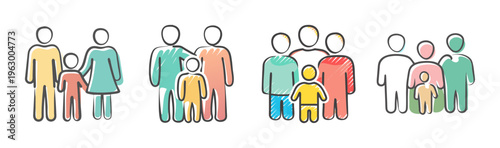 Stylized hand-drawn icons representing diverse family units and relationships.