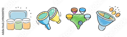 Collection of four hand-drawn icons depicting filters, sorting, and selection processes.