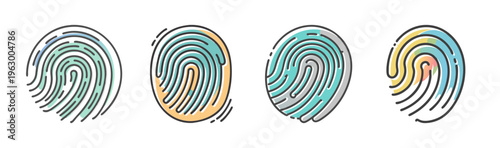 Four stylized fingerprint icons representing individuality, identity, and authenticity.