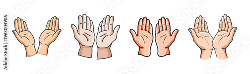 Four pairs of open hands in different skin tones, offering or receiving, vector illustration