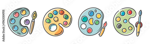 Four artist palettes with paint colors and brushes, creative art supplies, vector