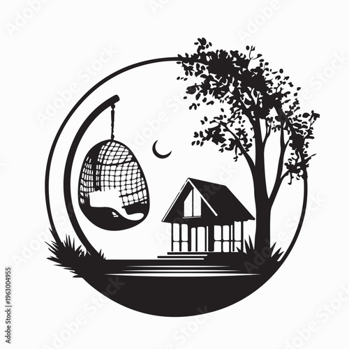 Cozy Outdoor Living Space With Egg Chair Silhouette Vector Art