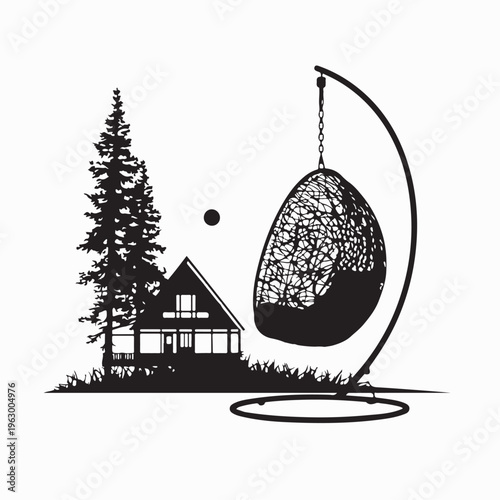 Cozy Outdoor Living Space With Egg Chair Silhouette Vector Art