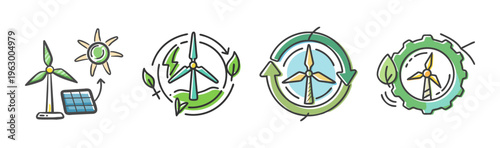 Renewable energy icons: wind turbine, solar panel, and sun with arrows
