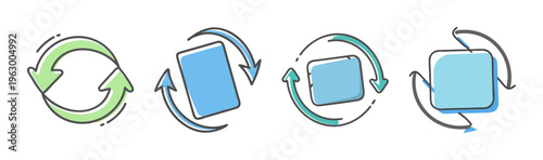 Set of four icons showing rotation and circular motion with arrows