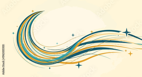 Abstract design featuring curved lines in teal and gold, with stars