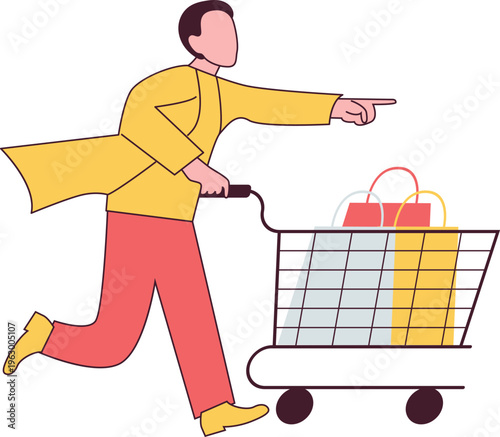 A person in a yellow cape pushing a shopping cart filled with red shopping bags, pointing forward with determination