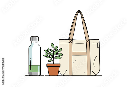 Eco-friendly reusable tote bag with a water bottle and a potted plant, illustrating a sustainable lifestyle and conscious consumerism
