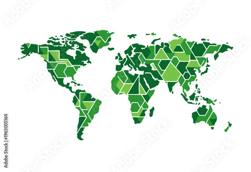 A vibrant green mosaic world map highlighting global interconnectedness and environmental responsibility through geometric patterns and sustainable vision
