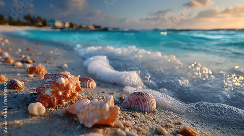 Serene Beach Scene with Shells and Gentle Waves at Sunset