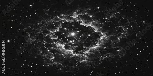 Abstract a captivating display of cosmic wonders, a mesmerizing view into the depths of space, a celestial cloud of stars forming a surreal pattern in a dark expanse.