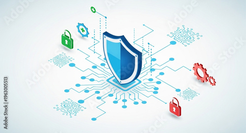Isometric Cybersecurity Shield Protecting Network Data and System.