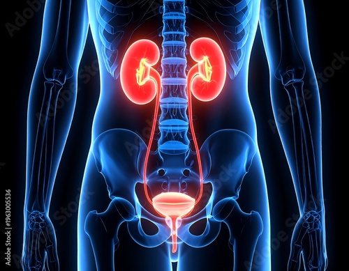 Medical visualization of the human urinary system, glowing red organs against a blue and black body