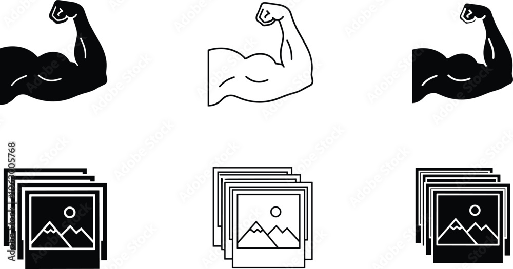 Obraz premium Fitness Muscle Arm and Photo Gallery Icon Set Featuring Strong Biceps Symbols and Image Stack Icons in Solid and Outline Style for UI Design Collection