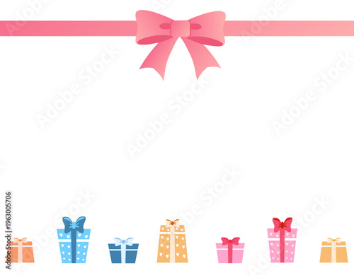 大きなリボンと沢山のプレゼントの可愛いフレーム素材　ピンク・中央