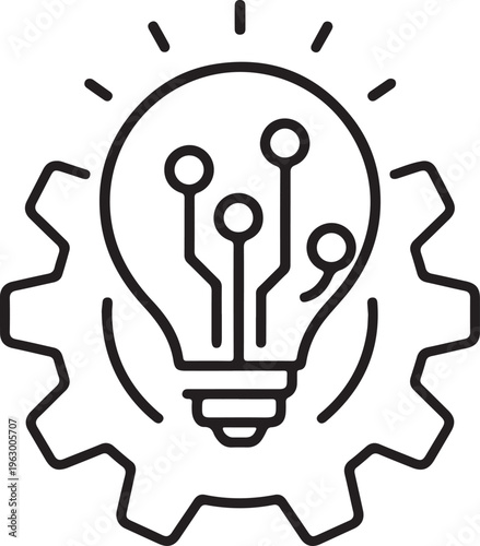 A stylized lightbulb with internal circuitry integrated into gear mechanism