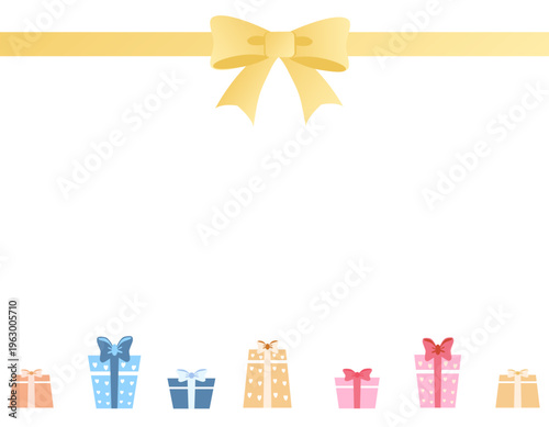 大きなリボンと沢山のプレゼントの可愛いフレーム素材　黄色・中央