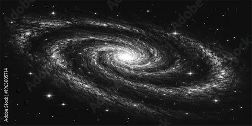 Abstract a mesmerizing spiral galaxy swirls in the vast expanse of the cosmos, its radiant center bursting with starlight, in a photorealistic depiction.