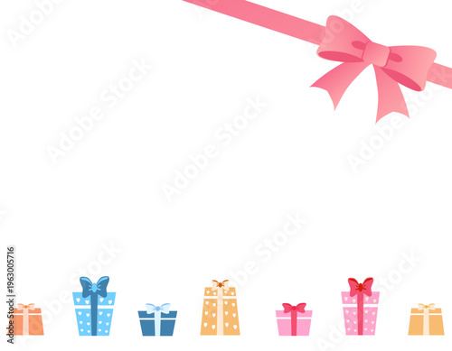 大きなリボンと沢山のプレゼントの可愛いフレーム素材　ピンク・右上