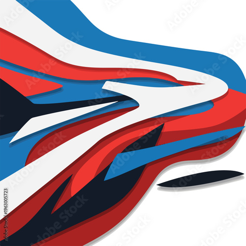 Abstract design with layered, curved shapes in red, white, blue, and black