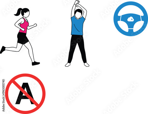 Fitness and Safety Icon Set Featuring Running Woman, Stretching Exercise Man, Safe Driving Steering Wheel Symbol and No Parking Sign for Health and Transport Design