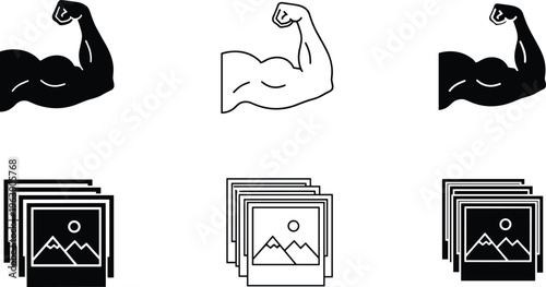 Fitness Muscle Arm and Photo Gallery Icon Set Featuring Strong Biceps Symbols and Image Stack Icons in Solid and Outline Style for UI Design Collection