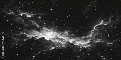 Abstract a captivating cosmic view presents a celestial masterpiece of swirling nebula and radiant starlight, showcasing the awe-inspiring beauty of the universe, painted in monochromatic shades.