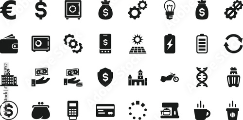 Finance, Business, Energy, and Technology Icon Set Featuring Currency, Wallet, Solar, Battery, Security, and Payment Symbols for Modern Digital and Corporate Design