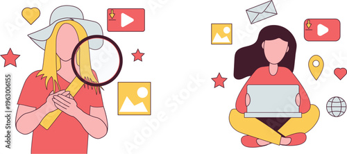 Two women engaging with digital content through different media and tools in vibrant style