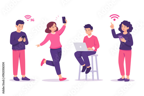 People Using Technology and Gadgets Set with Young Characters Holding Smartphone Laptop and 5G Wireless Connection Network Symbols